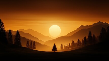A serene sunset over mountains, with silhouettes of trees creating a tranquil landscape bathed in warm golden hues.