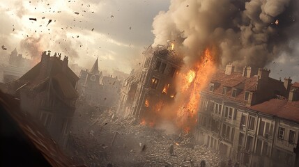 City Under Siege: A fiery urban battle scene