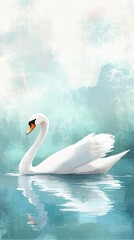 Fototapeta premium Elegant White Swan Gracefully Swimming on Calm Teal Water