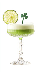 A vibrant green cocktail garnished with a lime slice and a clover leaf, perfect for festive occasions.