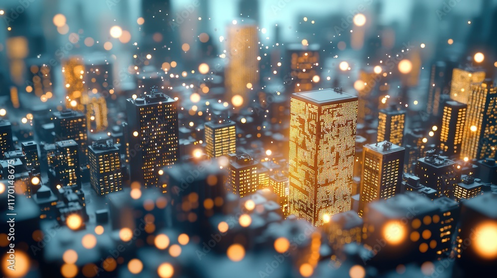 Poster a cityscape at night with glowing data streams flowing between buildings, symbolizing data driven ur