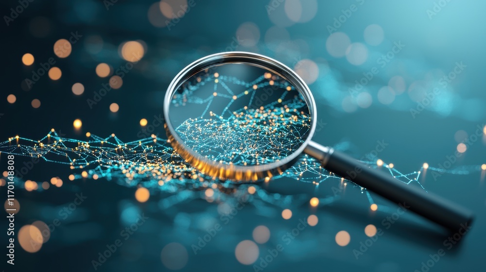 Poster a conceptual image of a magnifying glass focusing on a small portion of a massive data set, highligh