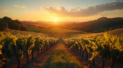 Fototapeta premium Golden Sunset Over Rolling Vineyard Hills