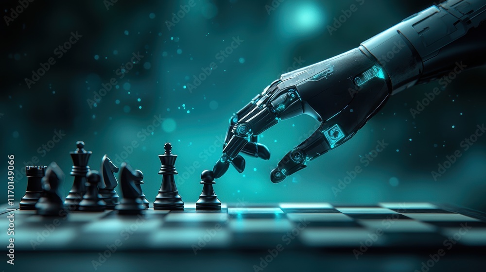 Poster a chessboard with a robotic arm making a strategic move, signifying ai ability to analyze data and m