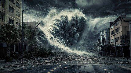 Fototapeta premium Coastal City Devastation: A Powerful Wave of Destruction