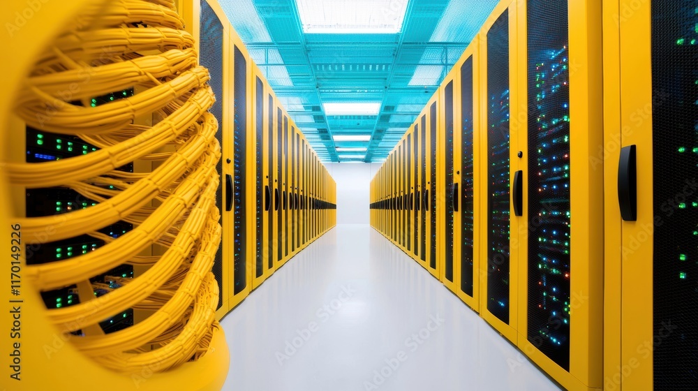 Poster a data center with servers and networking equipment, representing the infrastructure that powers clo