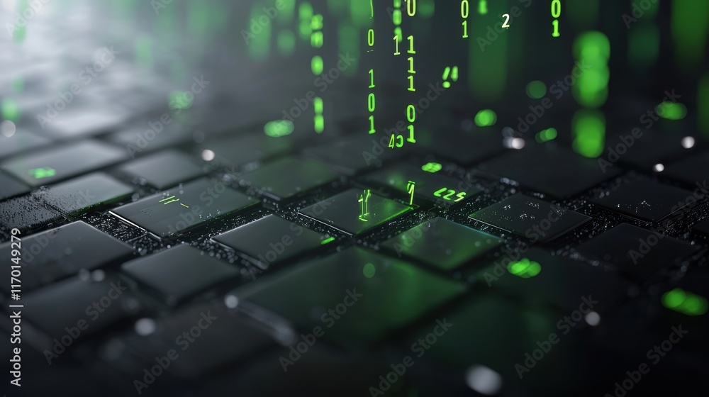 Poster a black background with glowing green binary digits (1s and 0s) streaming across the screen, represe