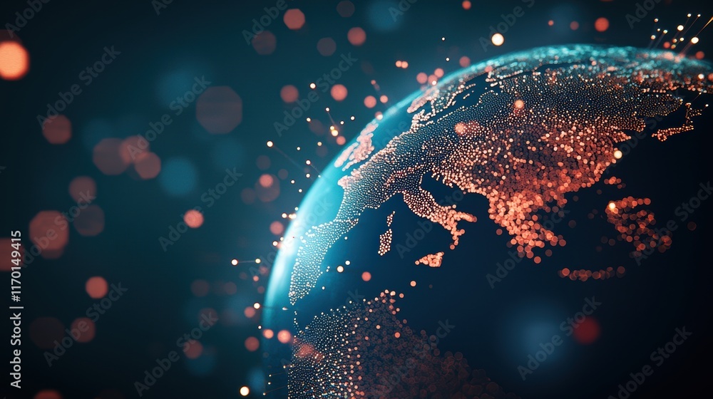 Poster a globe with interconnected nodes and data streams, representing the global network of information a