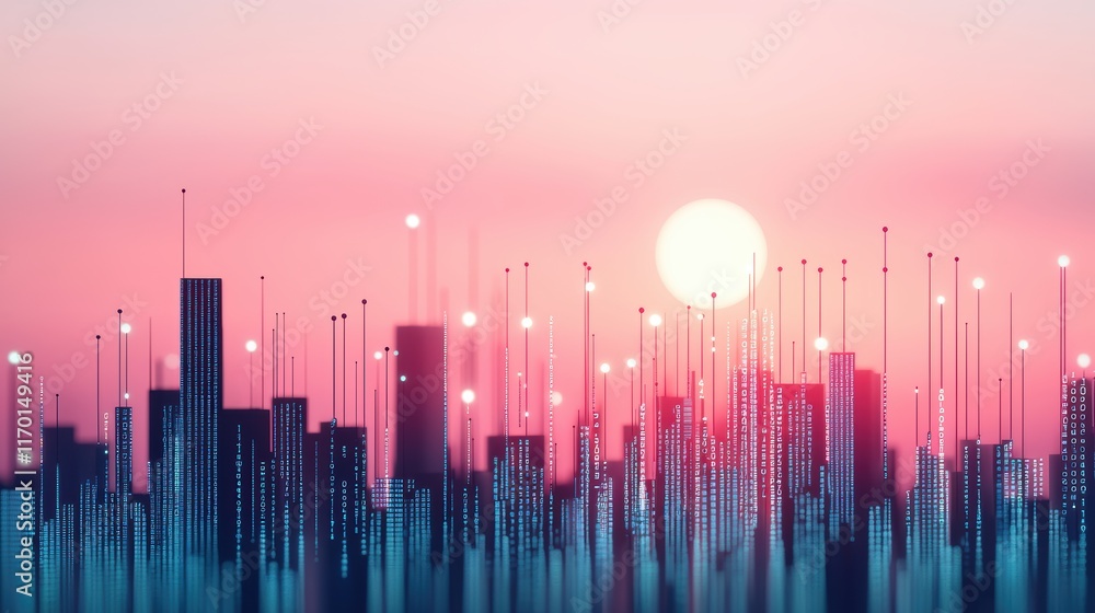 Poster a futuristic cityscape with buildings outlined in binary code, illustrating the pervasive nature of 