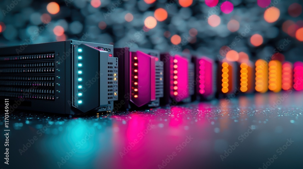 Poster a server rack with multiple hard drives and blinking lights, representing large scale data storage s