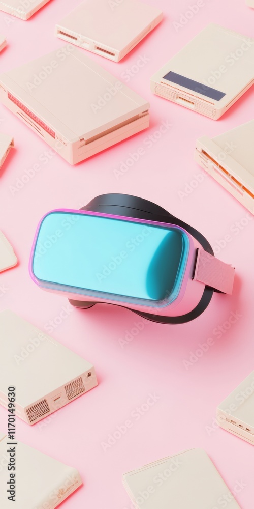 Poster futuristic vr headset on retro console with neon floppy disks - tech fusion aesthetic