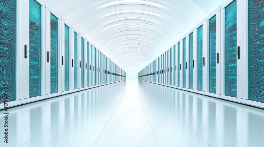 Poster a futuristic data center with rows of servers and data storage units, representing the infrastructur