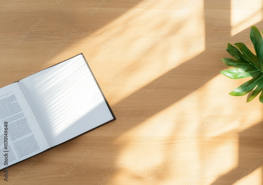 Aufkleber sunlit workspace open book and leaf shadows on wooden table