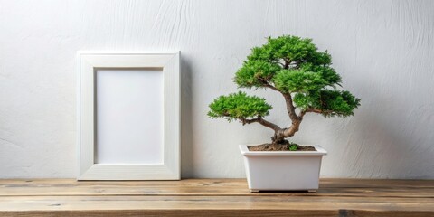 Showcase your product:  a white frame mockup featuring a bonsai, elegantly placed on a minimalist wooden shelf.
