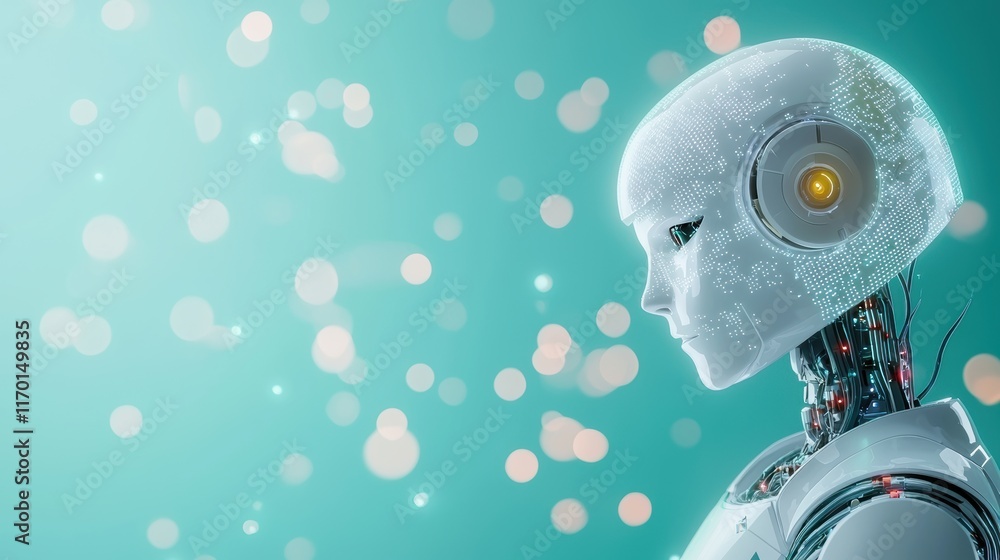 Poster a sleek, futuristic robot standing against a backdrop of glowing circuitry and digital data streams.