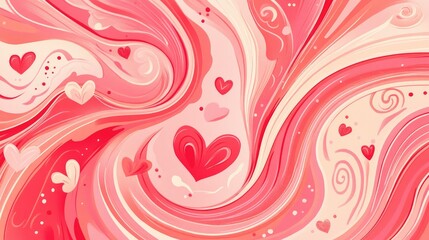 Abstract groovy Valentine Day illustration with swirling pink and red patterns, cartoon-style hearts, and retro floral accents