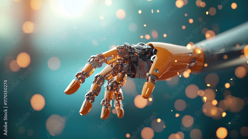 Poster a close up shot of a robot hand gripping a tool with dexterity, highlighting the advancements in rob