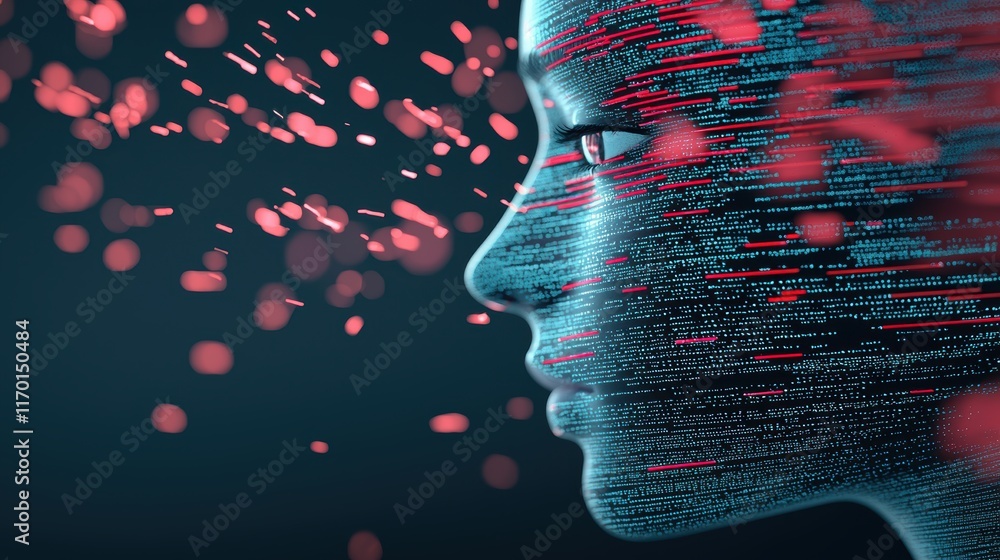 Poster an abstract digital art piece depicting a human face merging with digital code and data streams, exp
