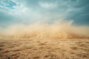 A blurred scene of a desert storm with sand and dust swirling through the air, creating a hazy and dramatic atmosphere..