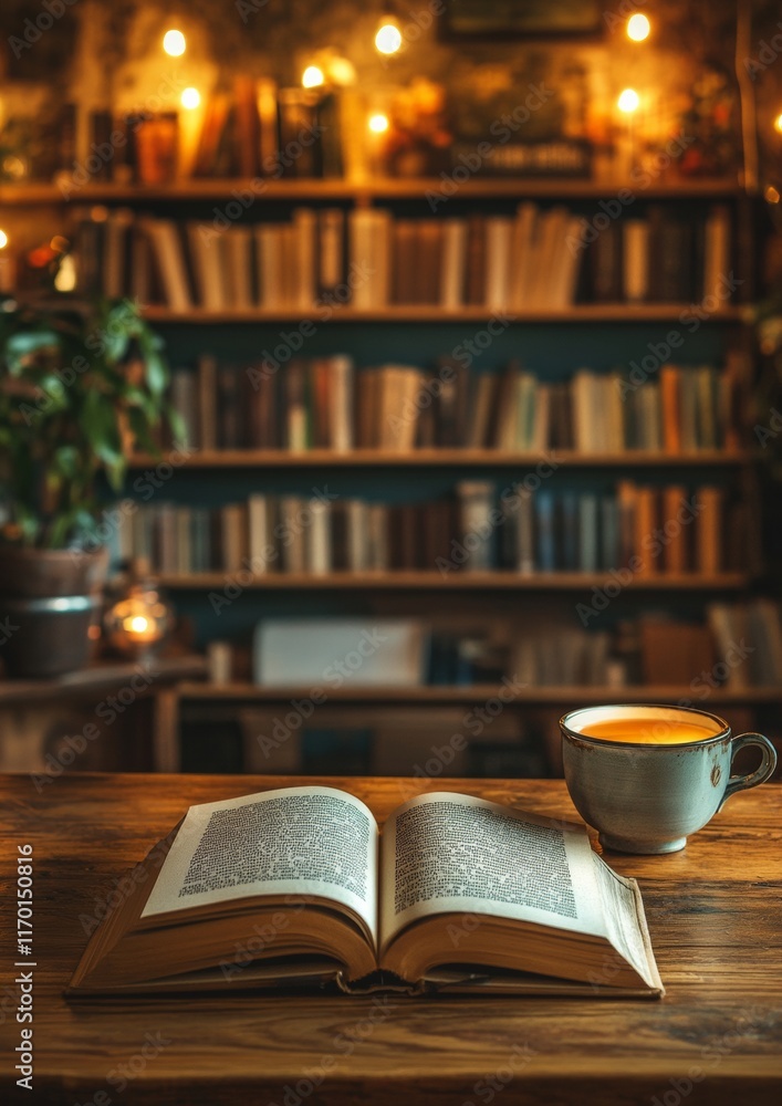 Aufkleber cozy reading nook with open book and tea in warm library ambience