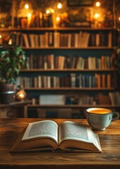 Cozy Reading Nook with Open Book and Tea in Warm Library Ambience