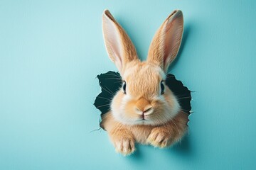 Adorable fluffy-eared bunny peeking out of a torn hole in a blue wall, perfect for Easter-themed banners and playful designs.  .