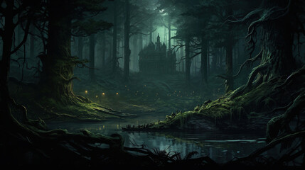 Fototapeta premium Mysterious Dark Forest at Night with a Ruined Castle