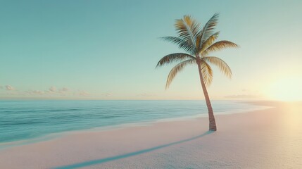 Obraz premium Single Palm Tree on a Tranquil Beach at Sunset