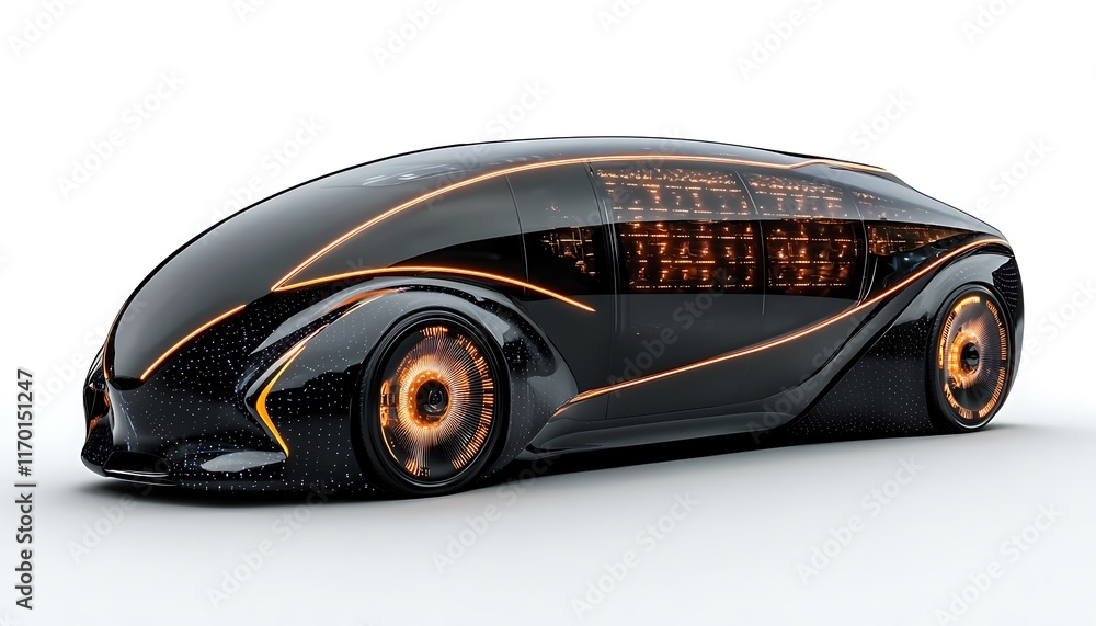 Poster futuristic autonomous vehicle design with sleek lines and illuminated features.