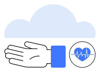 Cloud, extended hand, heart with heartbeat signal inside circle. Ideal for healthcare, technology, online services, support, wellness medical advancements health monitoring. Line metaphor