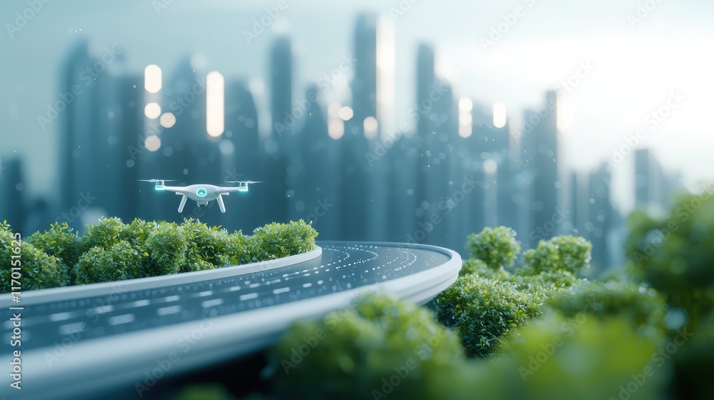 Aufkleber a futuristic cityscape with autonomous vehicles and drones, representing the transformative potentia