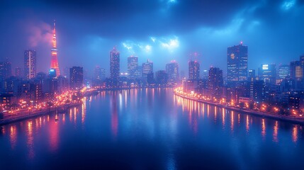 Fototapeta premium Tokyo Cityscape Night Lights Reflecting On Water
