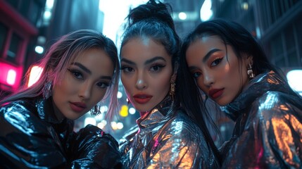 Futuristic Empowerment Women in Metallic Outfits in a High-Tech Cityscape