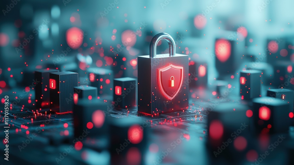 Poster an abstract background with glowing locks and shields, representing cybersecurity measures and data 