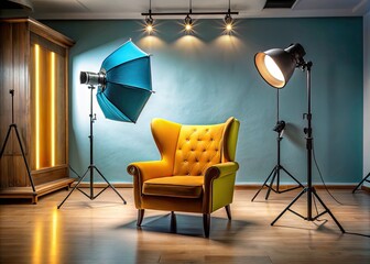 Softbox-lit armchair in a professional photo studio, high-resolution image, reflectors included.