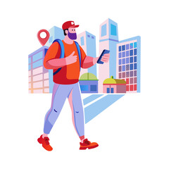 A flat illustration of a character using gps tracking app 

