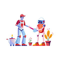 A flat illustration of robot gardening 
