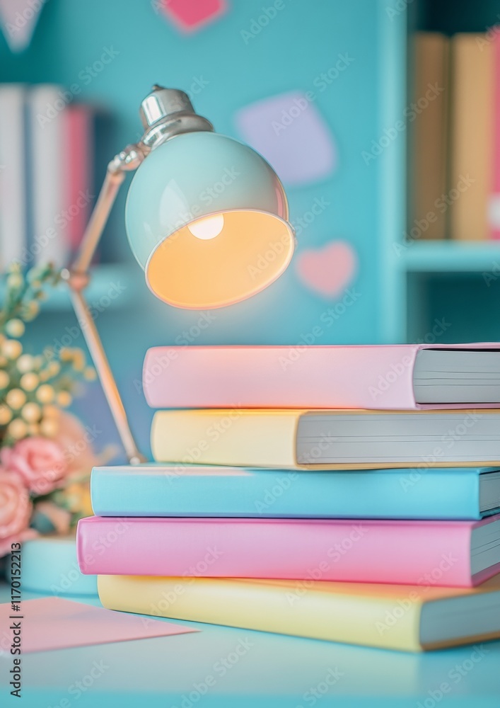 Poster pastel study vibes softly lit study essentials with books and lamp in minimalist arrangement