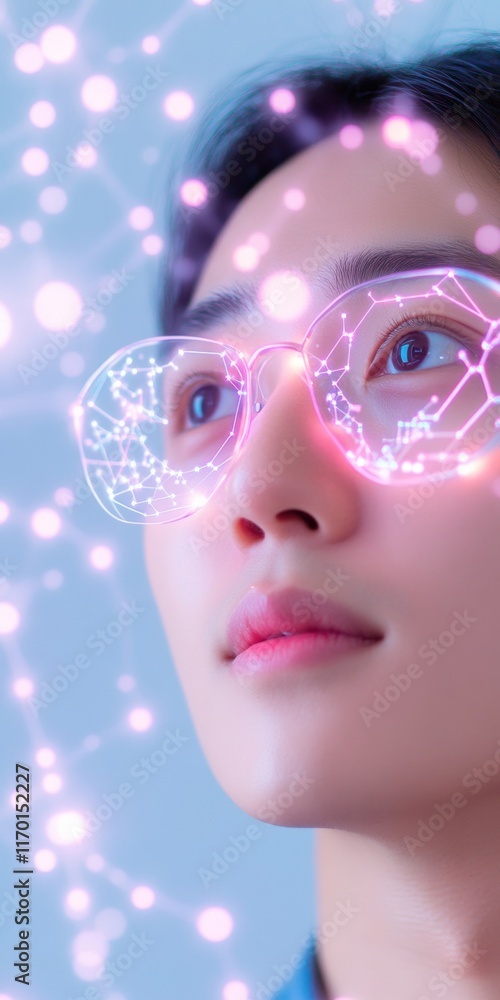 Poster digital vision asian man engages with neon holographic interface in futuristic setting