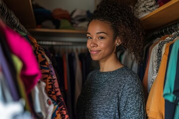 A woman is cleaning out her closet, donating clothes she no longer wears