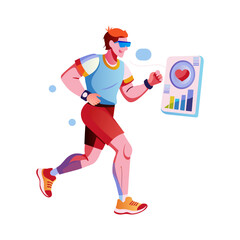 A flat illustration of jogging man wearing fitness tracking device
