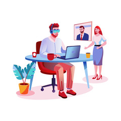 A flat illustration of a man doing remote work 

