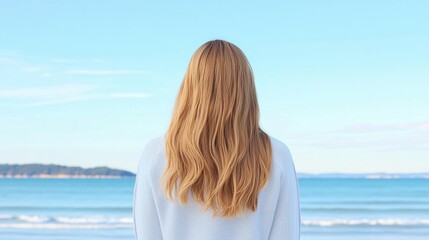 Obraz premium A young woman standing on a beach, gazing at the horizon, lost in thought as the waves crash on the shore.