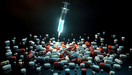 Obraz premium A symbolic image of scattered opioid pills on a black surface, with a glowing syringe in the background symbolizing the crisis.