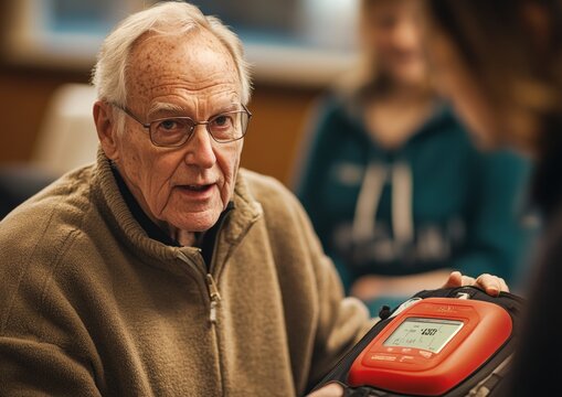 Elderly Man Learning AED Usage in Community First Aid Training Session