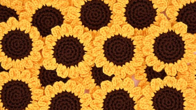 4K HD video of hand made crochet sunflowers in bright golden yellow and brown. Hand reaches in and places a metal crochet hook on the flowers.
