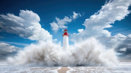 A classic white lighthouse standing tall against a bright blue sky and a backdrop of crashing waves, evoking a sense of coastal beauty.