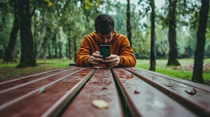 Fototapeta premium Digital Detox in the Park Young Man Engages with Nature over Screen