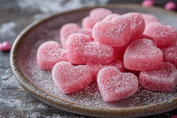 Naklejka na ściany i meble Delicate heart-shaped pink candies dusted with powdered sugar, served on a plate, perfect for Valentine's Day, romantic desserts, and sweet treats. .