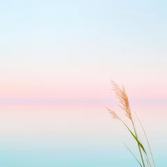 Gardinen Minimalist landscape featuring a serene pastel gradient sky blending soft pink and blue hues, with a single golden reed gently swaying in the foreground © Ryzhkov